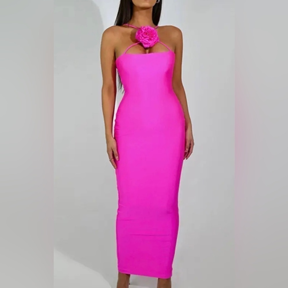 Marissa Pink Halter Bodycon Sleeveless Flower Sexy Long Midi Dress